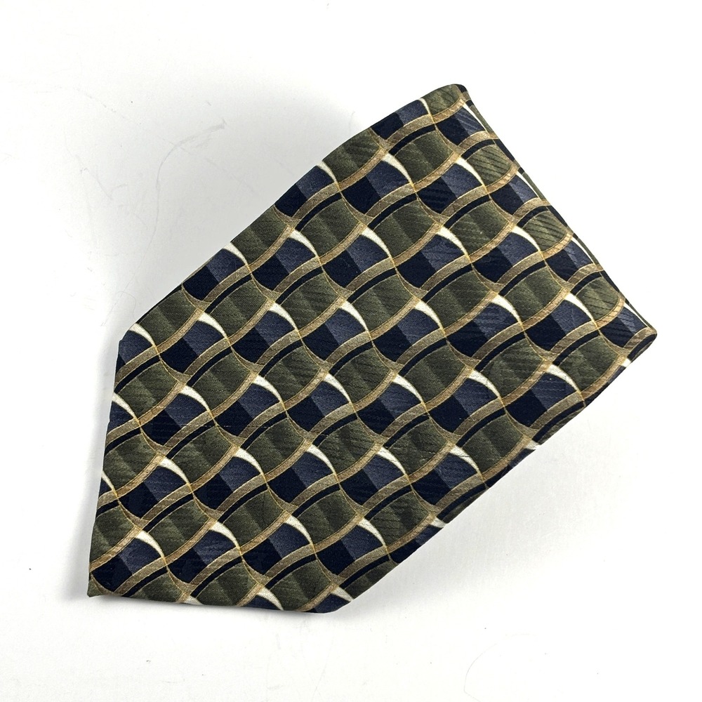 J. Ferrar Silk Necktie Men OS Green Blue Geometric Woven Grid Tie Formal Classic